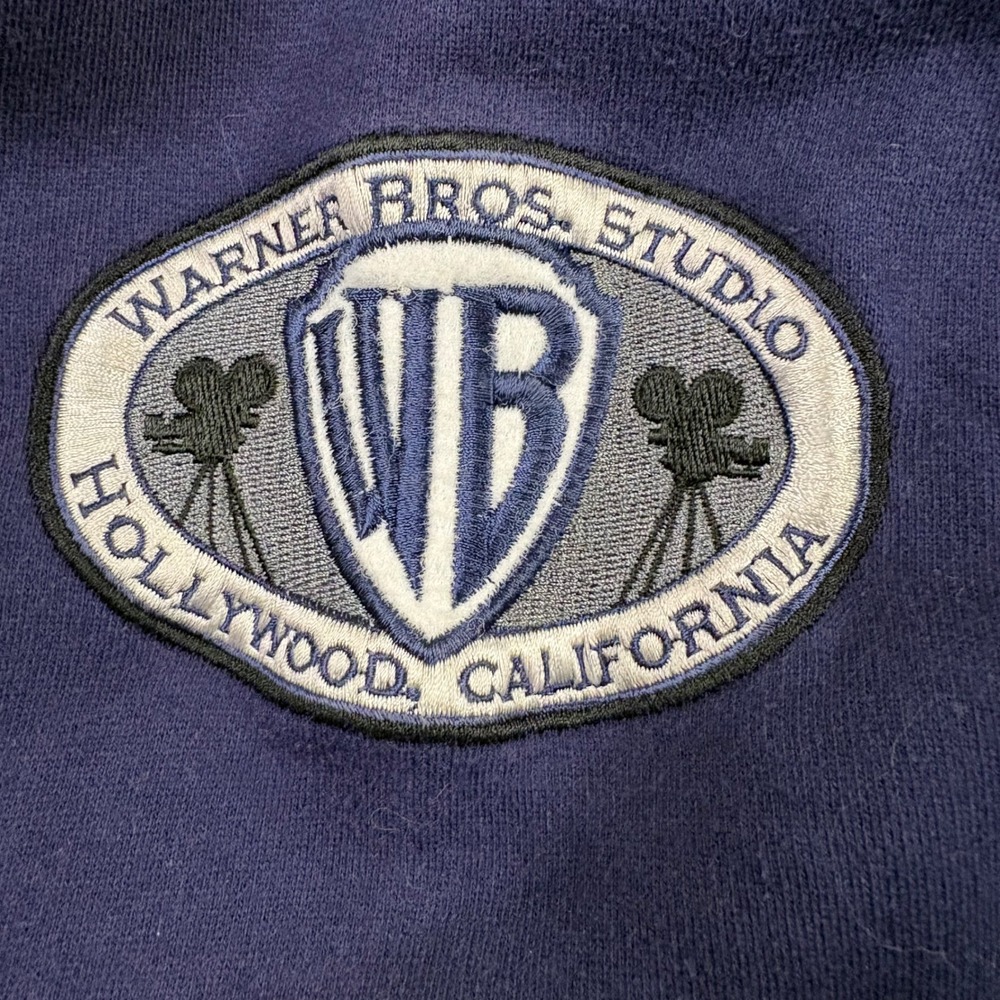 Vintage Warner Bros Studio Bomber Jacket Mens XL Navy Blue Varsity 90s Retro - Picture 2 of 11